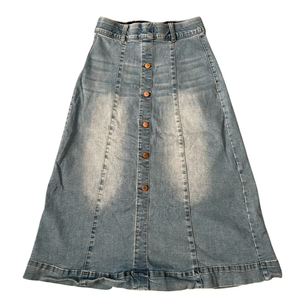 Stretch Denim Maxi Skirt sz S – Button Front – Conservative Modest Western Boho
